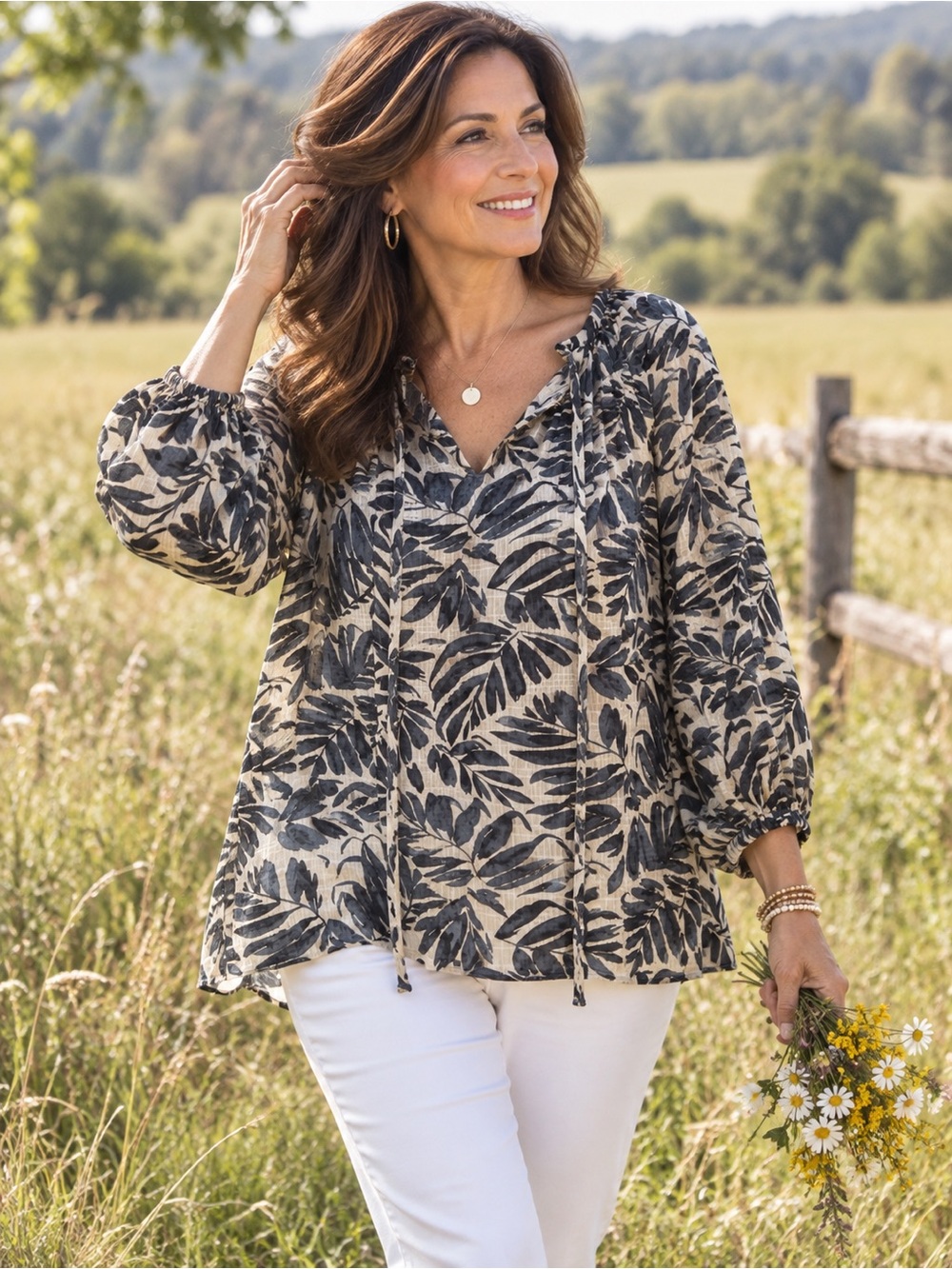 By Together Beige Tunic with Black Leaf Print